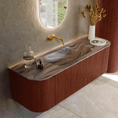MONDIAZ KURVE-DLUX Meuble de salle de bains 140cm arrondi Gauche + Droite couleur Ruby avec 1 tiroir et 2 portes. Lavabo BIG SMALL Central sans trou de robinet Sombra.