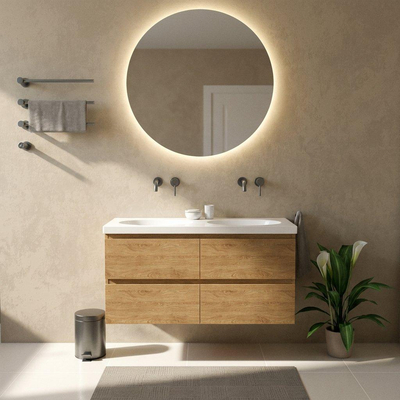 Saniclass Holz Pure Ensemble de meubles de salle de bains - 120x45x63.5cm - lavabo en céramique Palermo blanc - 2 vasques - sans trous de robinetterie - 4 tiroirs - chêne natural mat (bois)
