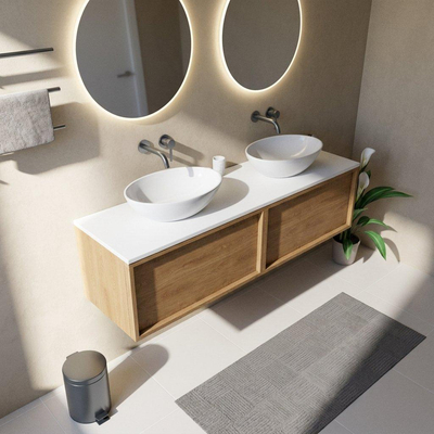 Saniclass Holz Frame Ensemble meuble de salle de bains - 160x45x42.5cm - plan de travail Torino en solid surface blanc - sans trou de robinet - 2 tiroirs - chêne natural mat (bois)