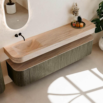 MONDIAZ THOR-DLUX 200cm meuble de salle de bains arrondi gauche + droite couleur Shadow avec 2 tiroirs et 2 portes. Vasque suspendue CLOUD Gauche sans trou de robinet couleur Saba.