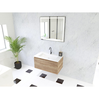 HR badmeubelen Matrix 3D Ensemble meuble de salle de bains 80cm 1 tiroir sans poignée avec profil de préhension en couleur chêne français avec lavabo thin 1 trou de robinet blanc mat