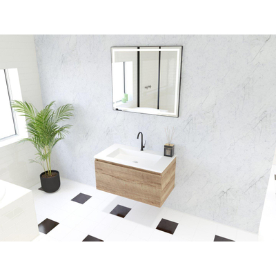 HR Matrix ensemble meuble de salle de bain 3d 80cm 1 tiroir sans poignée avec bandeau couleur chêne français avec vasque fine 1 trou de robinetterie blanc mat