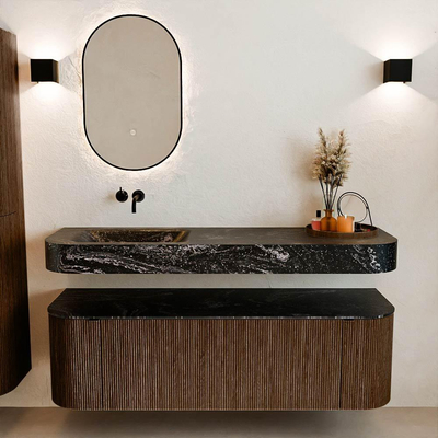 MONDIAZ THOR-DLUX 150cm badmeubel ronding links + rechts kleur Walnut met 1 lade en 2 deuren. Vrijhangende wastafel CLOUD Links zonder kraangat kleur Lava.