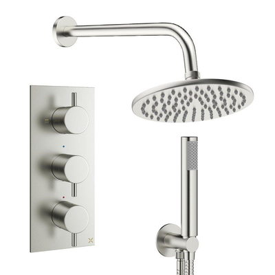 Crosswater MPRO Ensemble de douche de tête encastré - 3 leviers - pomme de douche 20 cm - douchette à main - bras mural - acier inoxydable brossé