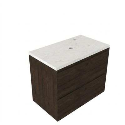 Saniclass Holz Pure Ensemble de meubles de salle de bains - 80x45x63cm - Plan vasque en marbre Dia poli (blanc) - 1 trou de robinet - 2 tiroirs - chêne charcoal mat (bois)