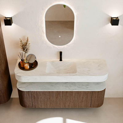 MONDIAZ THOR-DLUX 150cm meuble de salle de bains arrondi gauche + droite couleur Walnut avec 1 tiroir et 2 portes. Vasque suspendue CLOUD Milieu 1 trou de robinet couleur Opalo.