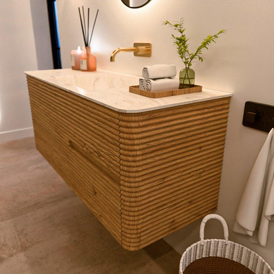 Mondiaz CIRO-DLUX Ensemble de meubles de salle de bains - 120x45x50cm - plan-vasque Solid surface Ostra - 1 vasque au milieu - sans trous de robinet - 2 tiroirs - Chêne