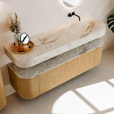 MONDIAZ THOR-DLUX 160cm badmeubel ronding links + rechts kleur Oak met 1 lade en 2 deuren. Vrijhangende wastafel CLOUD Rechts zonder kraangat kleur Frappe.