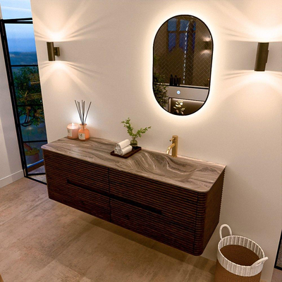 Mondiaz CIRO-DLUX Meuble de salle de bains ensemble - 150x45x50cm - Vasque en solid surface Sombra - 1 lavabo à droite - 1 trou de robinet - 4 tiroirs - Noyer