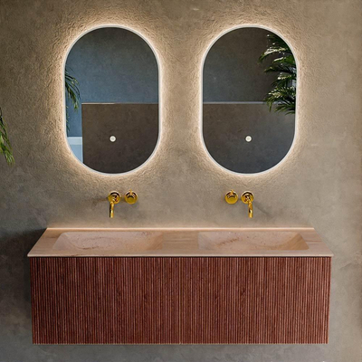 MONDIAZ KURVE-DLUX Meuble de salle de bains 130cm couleur Ruby avec 2 tiroirs et 0 porte. Lavabo LEAF Double sans trou de robinet Saba.