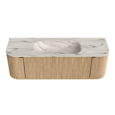 MONDIAZ KURVE-DLUX 140cm badmeubel ronding Links + Rechts kleur Oak met 1 lade en 2 deuren. Wastafel BIG SMALL Midden 1 kraangat Nata.