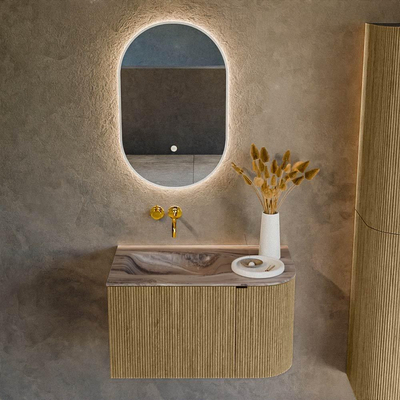 MONDIAZ KURVE-DLUX 75cm badmeubel ronding Rechts kleur Dusk met 1 lade en 1 deur. Wastafel GRUNNE Links zonder kraangat Sombra.