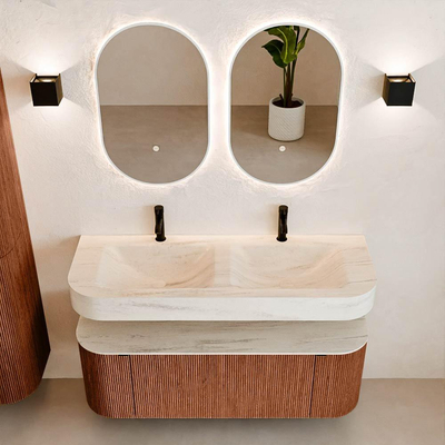 MONDIAZ THOR-DLUX 130cm meuble de salle de bains arrondi gauche + droite couleur Ruby avec 1 tiroir et 2 portes. Vasque suspendue CLOUD Double 2 trous de robinet couleur Meli.