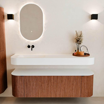 MONDIAZ THOR Meuble de salle de bains 150cm arrondi gauche + droite couleur Ruby avec 1 tiroir et 2 portes. Vasque suspendue CLOUD Gauche sans trou de robinet couleur Talc.