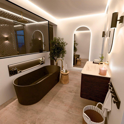 Mondiaz CIRO-DLUX Meuble de salle de bains - 110x45x50cm - Plan-vasque solid surface Meli - 1 bassin à droite - sans trous de robinet - 2 tiroirs - Noyer