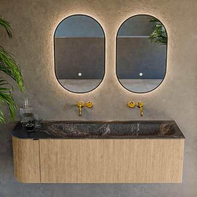 MONDIAZ KURVE-DLUX meuble de salle de bains 145 cm avec module 25 L couleur Chêne avec 1 tiroir et 1 porte. Lavabo BIG LARGE à droite sans trou de robinet couleur Lava.