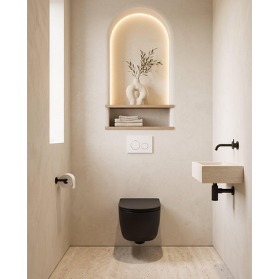 QeramiQ Dely Swirl Toiletset - 36.3x51.7cm - Geberit UP320 inbouwreservoir - met Burda frame - 35mm zitting - glans witte bedieningsplaat - ronde knoppen - mat zwart