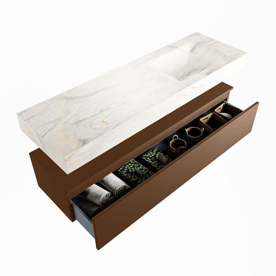 Mondiaz ALAN-DLUX Ensemble de meuble - 150cm - meuble Rust mat - 1 tiroir - Lavabo Cloud Ostra suspendu - vasque Droite - 0 trous de robinet