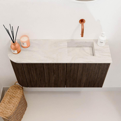 Mondiaz JOYA-DLUX 81.6cm toiletmeubel - ronding links kleur Walnut - Wastafel FAYE positie Rechts Zonder kraangat kleur Ostra.