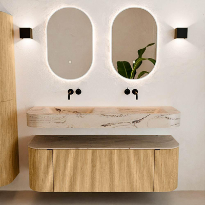 MONDIAZ THOR-DLUX 140cm meuble de salle de bains arrondi gauche + droite couleur Oak avec 1 tiroir et 2 portes. Vasque suspendue CLOUD Double sans trou de robinet couleur Arena.