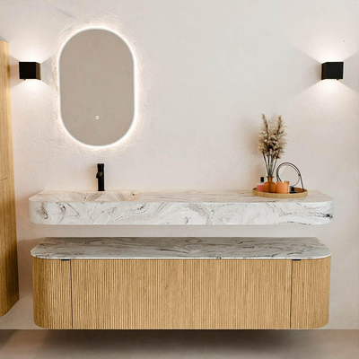 MONDIAZ THOR-DLUX 170cm badmeubel ronding links + rechts kleur Oak met 1 lade en 2 deuren. Vrijhangende wastafel CLOUD Links 1 kraangat kleur Glace.