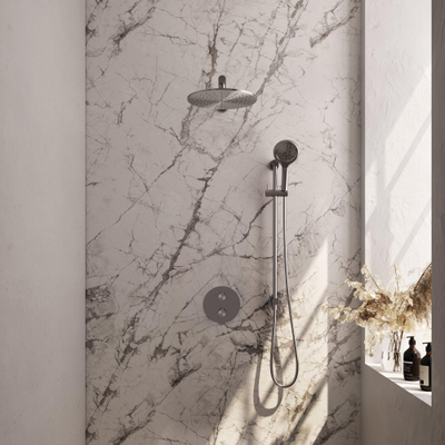 BRAUER Brushed Carving douche de tête encastrée thermostatique - 3 voies - ronde - set 92 - douche de tête 30 cm - bras mural droit - douchette à main 3 jets - flexible de douche - barre de douche intégrée - acier inoxydable brossé PVD