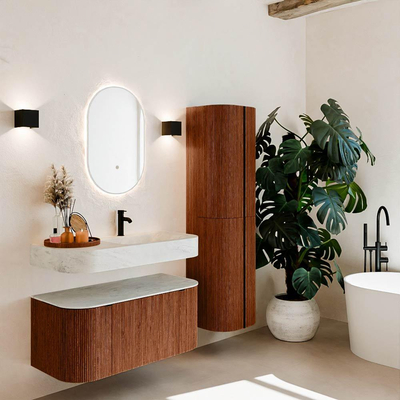 MONDIAZ THOR-DLUX 100cm meuble de salle de bains arrondi gauche + droite couleur Ruby avec 1 tiroir et 2 portes. Vasque suspendue CLOUD Droite 1 trou de robinet couleur Opalo.