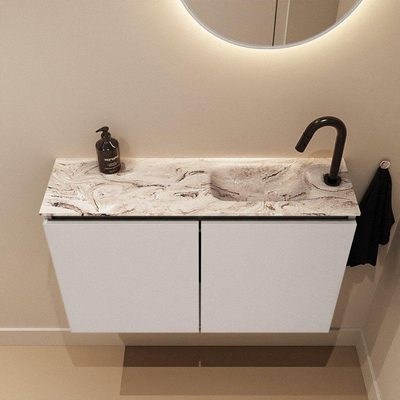 MONDIAZ TURE-DLUX Meuble de toilettes 80 cm Linen. EDEN lavabo Glace position à droite. Avec 1 trou de robinet.
