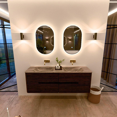 Mondiaz CIRO-DLUX Meuble de salle de bains - 150x45x50cm - plan-vasque Solid Surface Oza - 2 bacs Double - sans trous de robinetterie - 4 tiroirs - Noyer