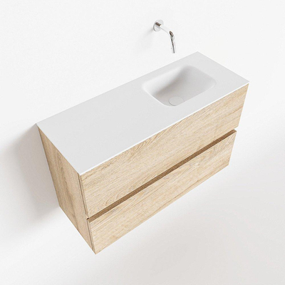 MONDIAZ ADA Meuble WC - 80x30x50cm - 0 trous de robinet - 2 tiroirs - chêne blanchi mat - lavabo à droite - Solid surface - Blanc