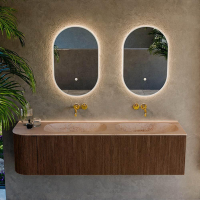 MONDIAZ KURVE-DLUX Meuble de salle de bains 165cm arrondi à gauche couleur Walnut avec 2 tiroirs et 1 porte. Lavabo STOR SMALL Double / À droite sans trou de robinet Saba.