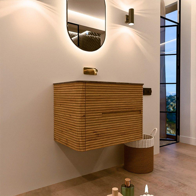 Mondiaz CIRO-DLUX Ensemble de meubles de salle de bains - 70x45x50cm - lavabo en solid surface Oza - 1 vasque au milieu - sans trous de robinet - 2 tiroirs - Chêne