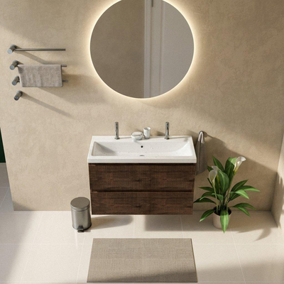 Saniclass Holz Atelier Ensemble meuble de salle de bains - 100x45x63.5cm - Lavabo en céramique Bari blanc - 1 vasque - 2 trous de robinetterie - 2 tiroirs - chêne charcoal mat (bois)