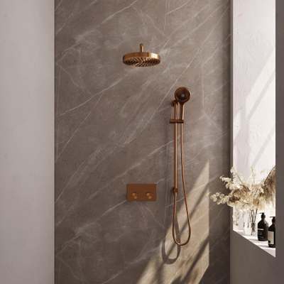 BRAUER Stripe Thermostatische Inbouw Regendouche - drukknoppen - SET 35 - 25cm douchekop - gebogen muurarm - 3-standen handdouche - doucheslang - geïntegreerde glijstang - koper geborsteld PVD