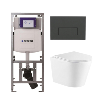 QeramiQ Dely Toiletset - 36.3x51.7cm - diepspoel - rimless - Geberit UP320 inbouwreservoir - met Burda frame - softclose toiletzitting - bedieningsplaat antraciet mat - rechtehoekige knoppen - wit glans