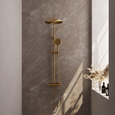Brauer Gold Carving Colonne de douche murale thermostatique avec pommeau rond 30cm et douchette Rond 3 jet flexible lisse 150cm et barre de douche avec support douchette Or brossé PVD