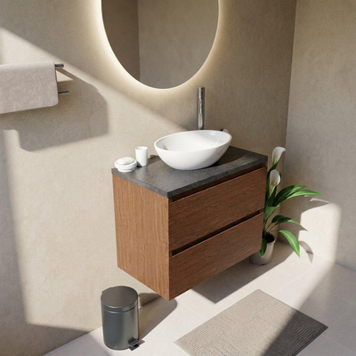 Saniclass Holz Pure Ensemble meuble de salle de bains - 80x45x63cm - Plan de toilette en basalte Noche poli (noir) - 1 trou de robinetterie - 2 tiroirs - walnut pure mat (bois)