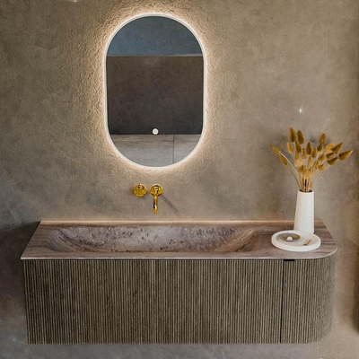 MONDIAZ KURVE-DLUX Meuble de salle de bains 135cm arrondi à droite couleur Shadow avec 1 tiroir et 1 porte. Lavabo BIG MEDIUM gauche sans trou de robinet Oza.