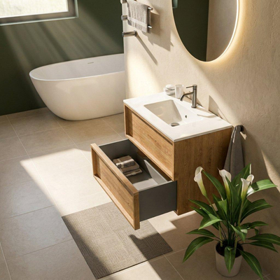 Saniclass Holz Frame Ensemble meuble de salle de bains - 80x45x62cm - Lavabo Vygo en céramique blanc - 1 vasque - 1 trou de robinetterie - 2 tiroirs - chêne natural mat (bois)