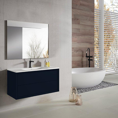 Adema Prime Core Ensemble de meuble - 100x50x45cm - 1 vasque ovale en céramique Blanc - 1 trous de robinet - 2 tiroirs - avec miroir rectangulaire - Bleu marine mat