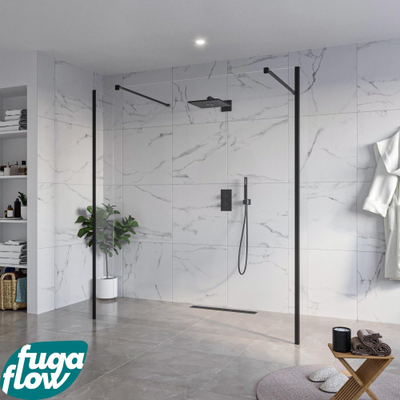FugaFlow Eccelente Vetro Vrijstaande inloopdouche badkamer - 180x200cm - Helder - antikalk - 8mm veiligheidsglas - 2 zijwanden 30cm - met wandarmen en hoekprofielen - Zwart mat -