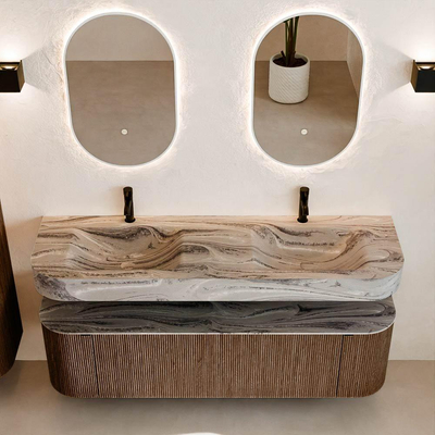 MONDIAZ THOR-DLUX 160cm badmeubel ronding links + rechts kleur Walnut met 1 lade en 2 deuren. Vrijhangende wastafel CLOUD Dubbel 2 kraangaten kleur Sombra.