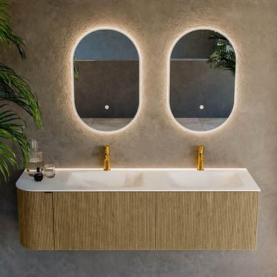 Mondiaz KURVE Ensemble meuble de salle de bains - 155x46x40cm - 2 tiroirs - 1 porte - vasque solid surface - double / droite - 2 trous de robinet - Dusk