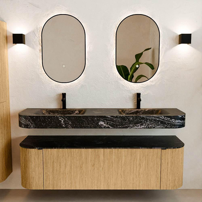 MONDIAZ THOR-DLUX 160cm meuble de salle de bains arrondi gauche + droite couleur Oak avec 1 tiroir et 2 portes. Vasque suspendue CLOUD Double 2 trous de robinet couleur Lava.