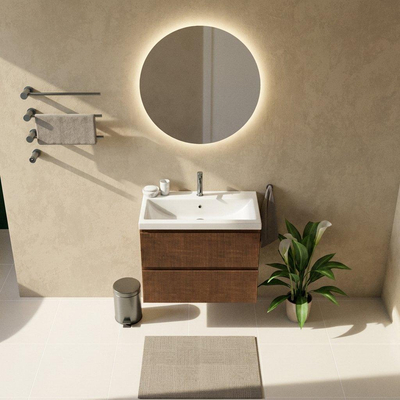 Saniclass Holz Atelier Ensemble de meuble de salle de bains - 80x45x63.5cm - lavabo en céramique Bari blanc - 1 vasque - 1 trou de robinet - 2 tiroirs - walnut pure mat (bois)