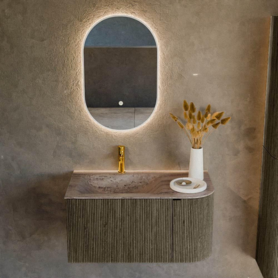 MONDIAZ KURVE-DLUX Meuble de salle de bains 85cm arrondi à droite couleur Shadow avec 1 tiroir et 1 porte. Lavabo CLOUD à gauche 1 trou de robinet Oza.