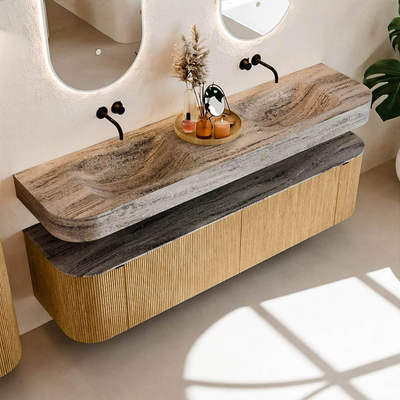 MONDIAZ THOR-DLUX 180cm badmeubel ronding links + rechts kleur Oak met 2 lades en 2 deuren. Vrijhangende wastafel CLOUD Dubbel zonder kraangat kleur Oza.
