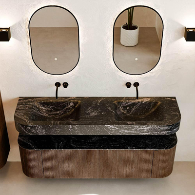 MONDIAZ THOR-DLUX 160cm badmeubel ronding links + rechts kleur Walnut met 1 lade en 2 deuren. Vrijhangende wastafel CLOUD Dubbel zonder kraangat kleur Lava.