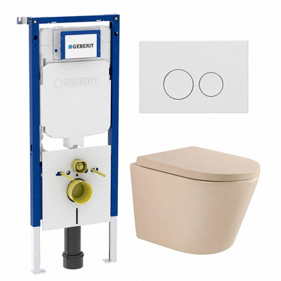 QeramiQ Dely Toiletset - 36.3x51.7cm - diepspoel - rimless - Geberit UP720 inbouwreservoir - softclose toilet zitting - 35mm - glans witte bedieningsplaat - ronde knoppen - mat beige