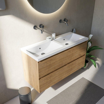 Saniclass Holz Pure Ensemble meuble de salle de bains - 120x45x63.5cm - Lavabo Bari en céramique blanc - 2 vasques - sans trous de robinetterie - 4 tiroirs - chêne natural mat (bois)